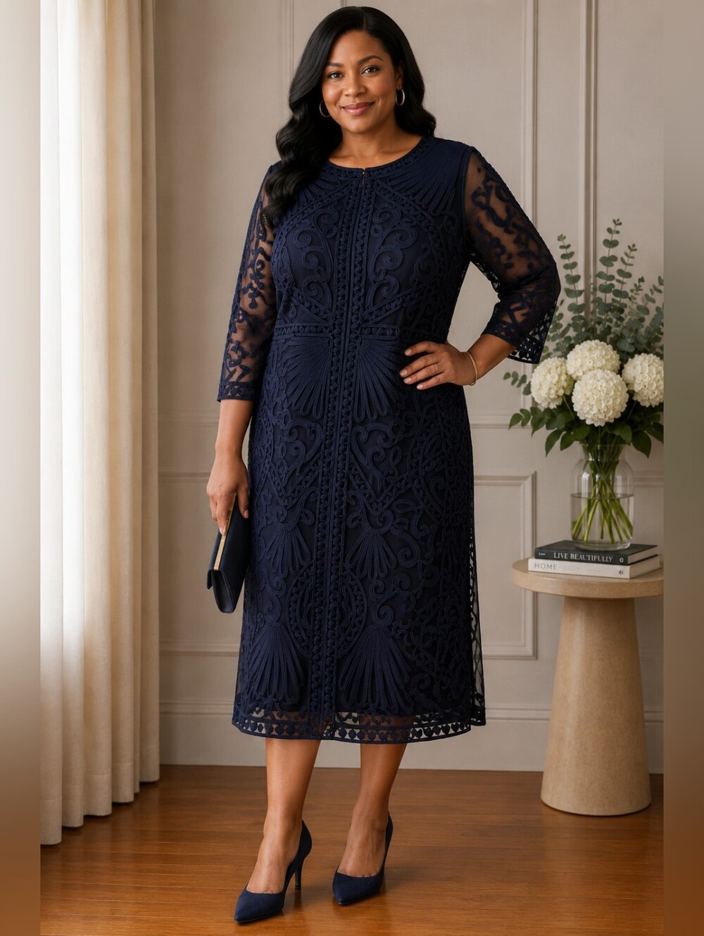 JS Collections Navy Embroidered Midi Dress with Sheer Three-Quarter Sleeves